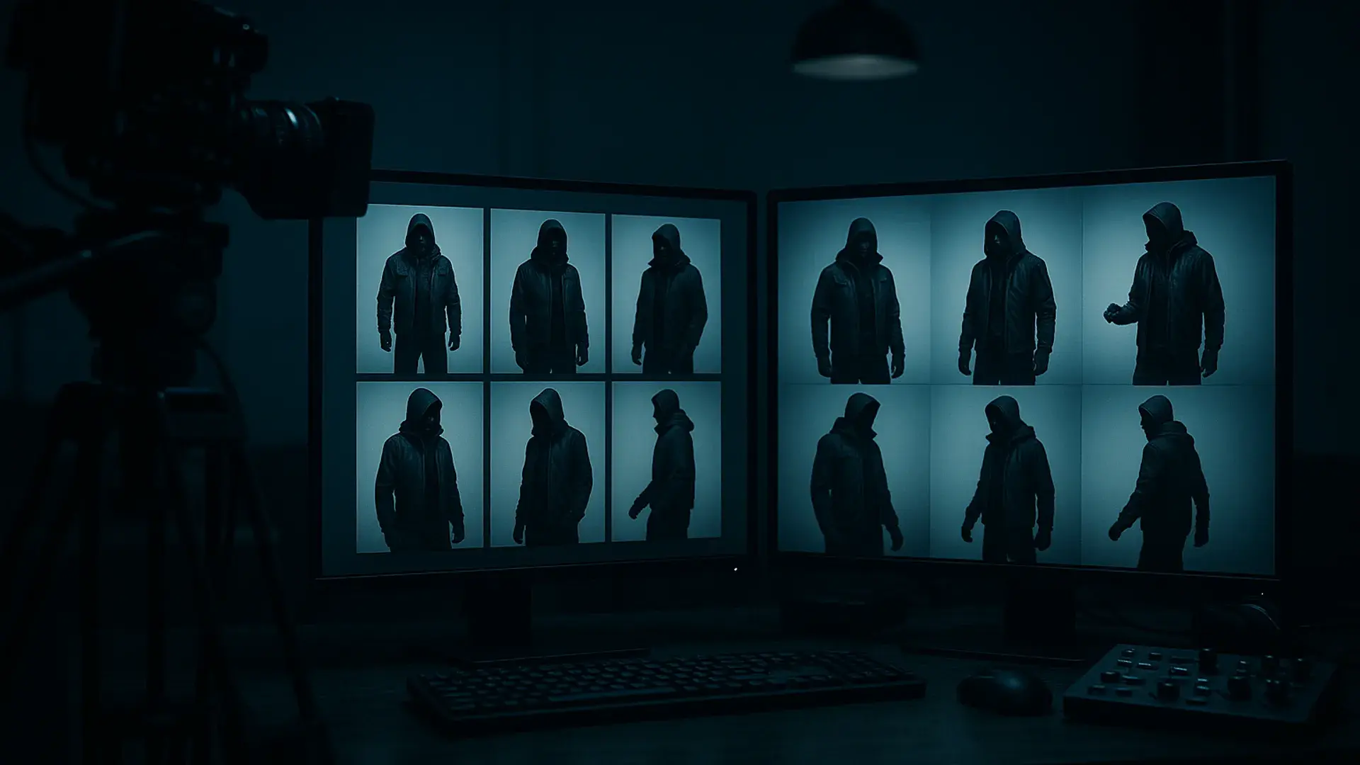 Character reference workspace with multiple poses and angles displayed on monitors, cinematic cool-tone lighting