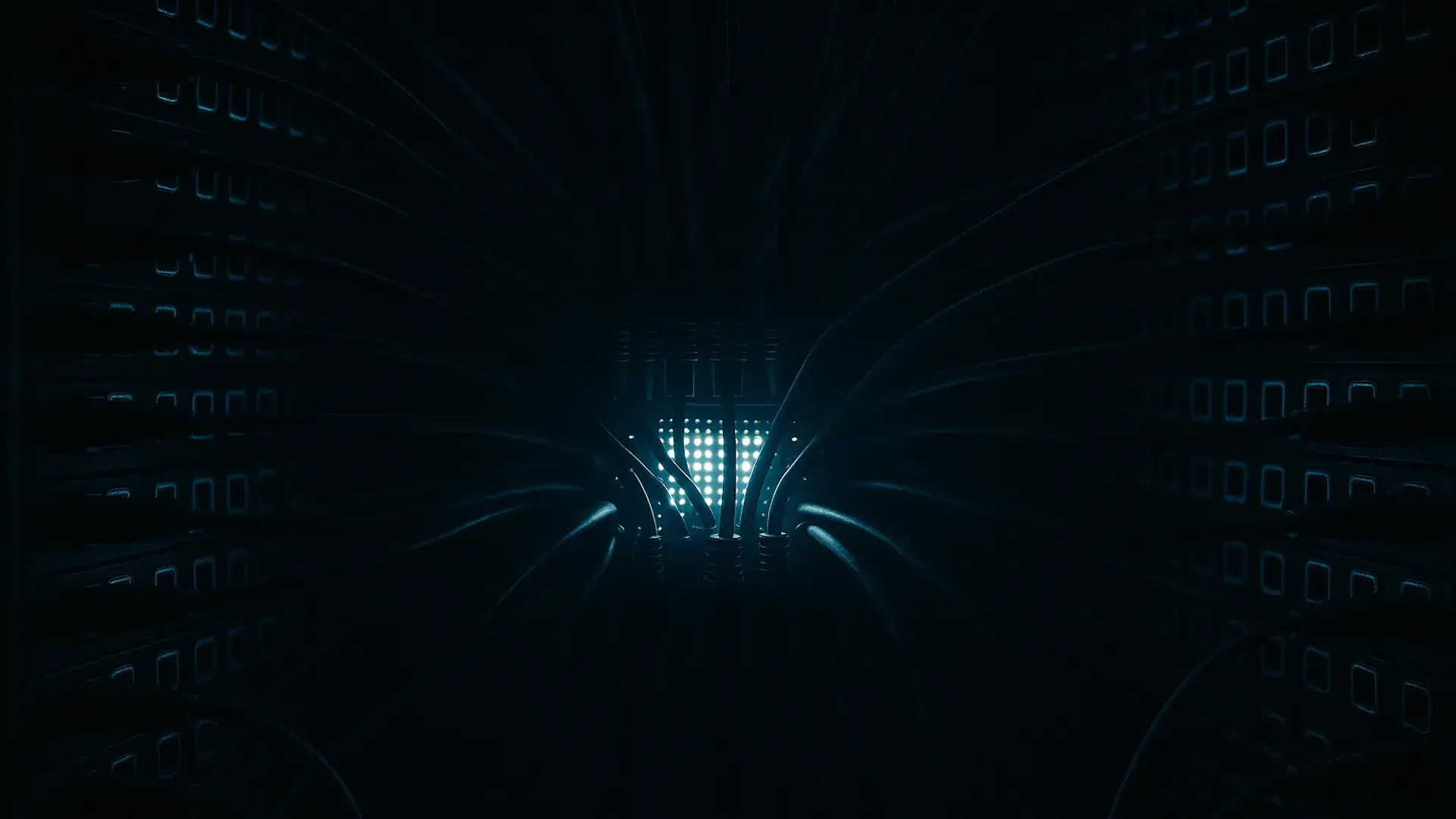 Dozens of cables converging into one glowing hub, representing the best MCP servers connecting into a single agent