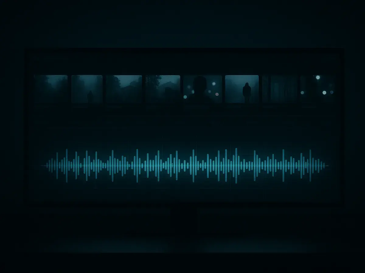 Dark video production timeline concept with vertical frames and an audio waveform