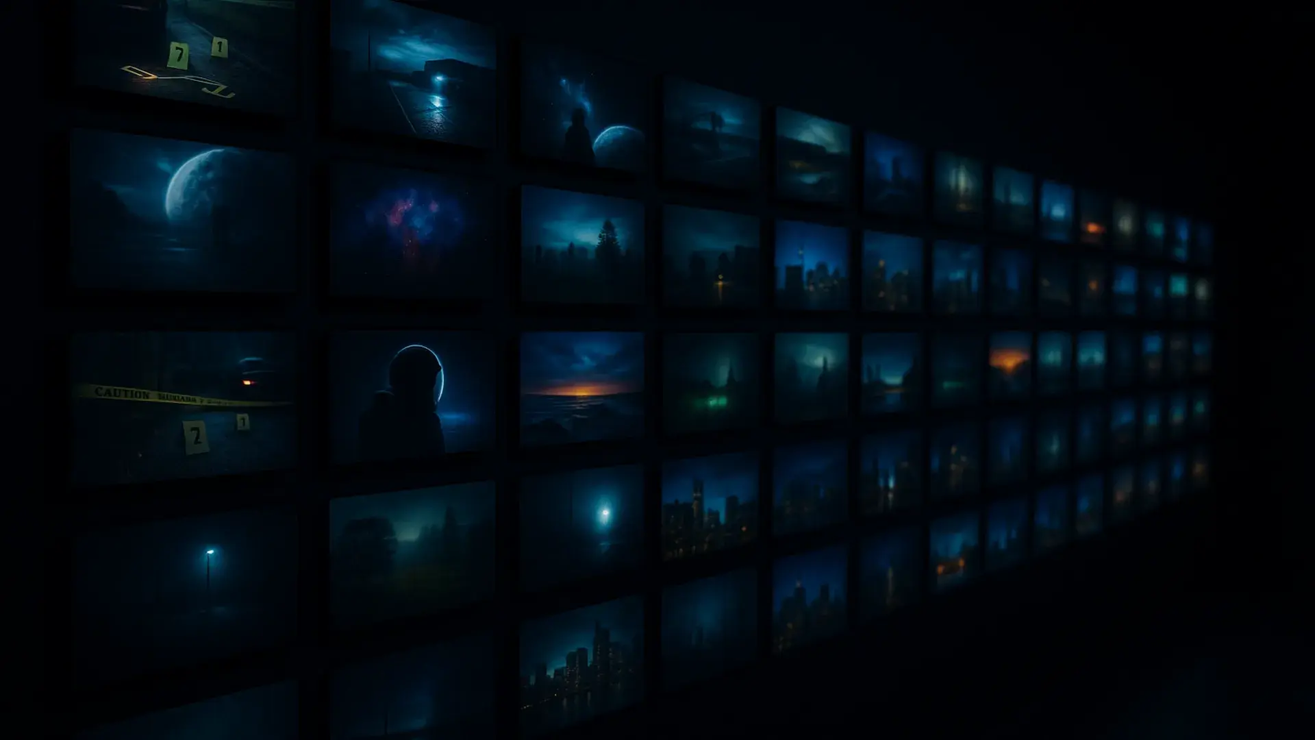 Wall of glowing video thumbnails across niches in a dark studio, faceless YouTube channel ideas