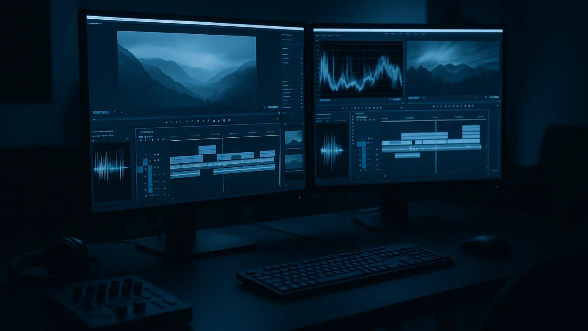 Editing suite with dual monitors displaying video timeline and waveforms, cinematic cool-tone lighting
