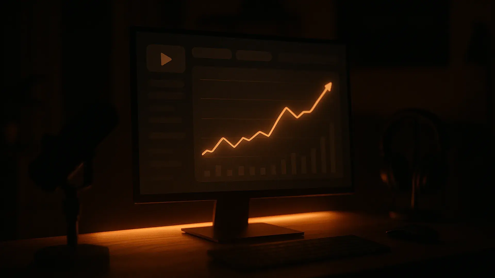 A rising revenue graph glowing on a monitor in a dark studio, representing faceless YouTube channel earnings