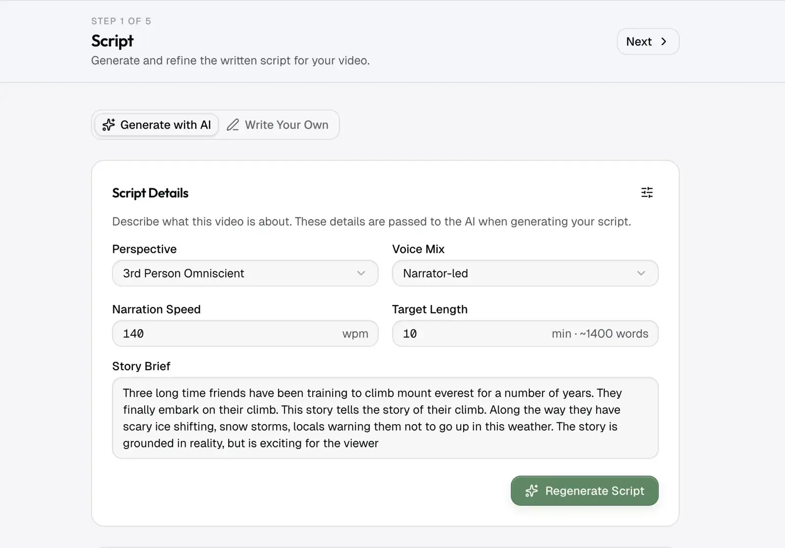 The faceless YouTube video script generator: perspective, narration speed, target length, and a story brief field