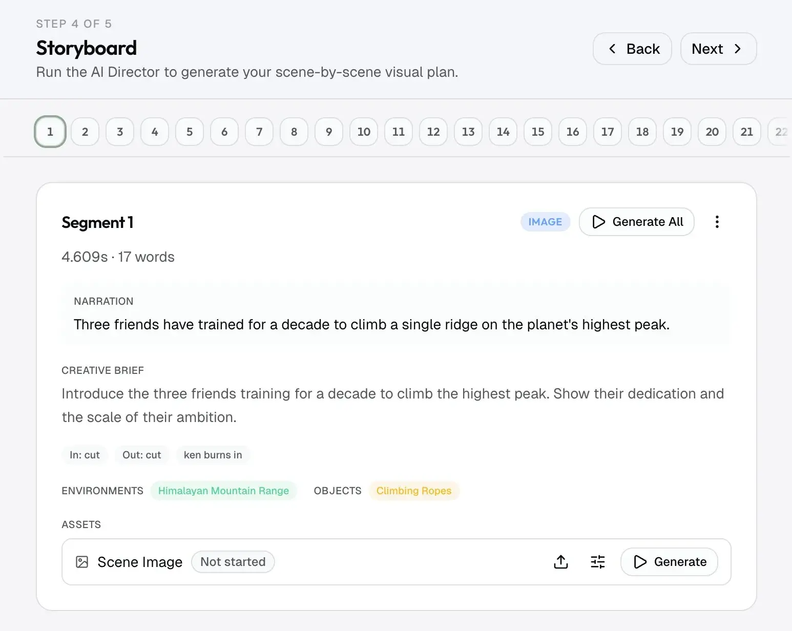 A faceless YouTube video storyboard: scene-by-scene narration, creative briefs, and per-segment visuals