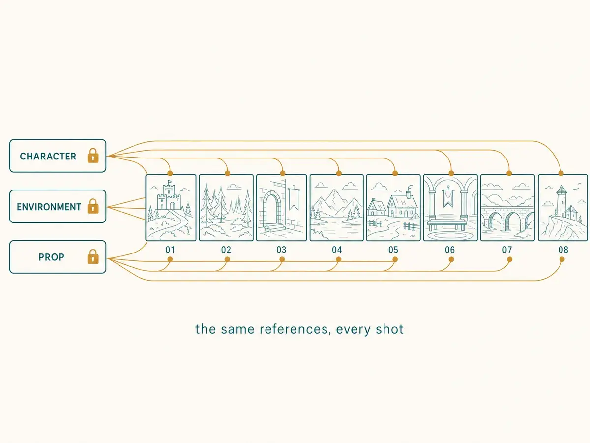 Locked character, environment, and prop references feeding all eight shots in an end-to-end AI video generator pipeline