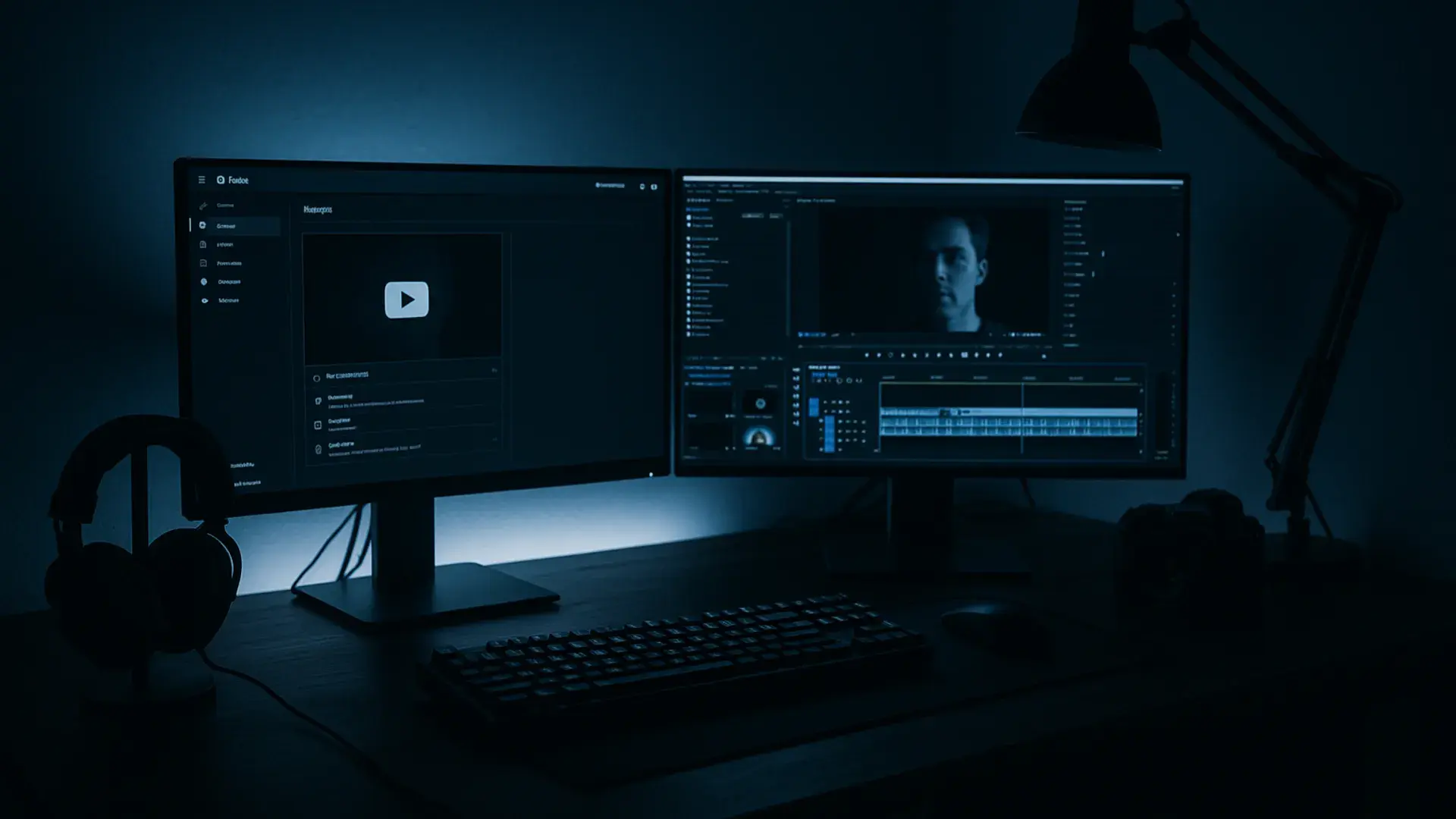 Dual-monitor video production setup at night with video editing software, cool-tone cinematic lighting