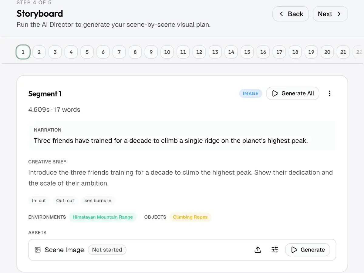 Framesail storyboard view mapping video scenes and shot planning