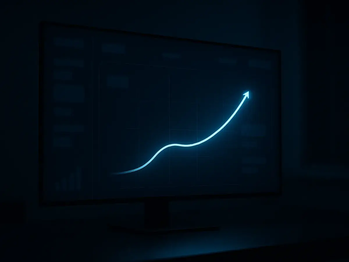 Dark analytics dashboard concept with a rising engaged-views curve on a monitor in a dim room