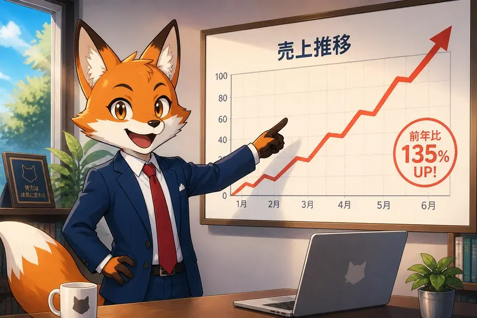 Cel-shaded anime frame generated from Framesail's anime style preset — a fox in a suit presenting a rising sales chart in a sunlit office