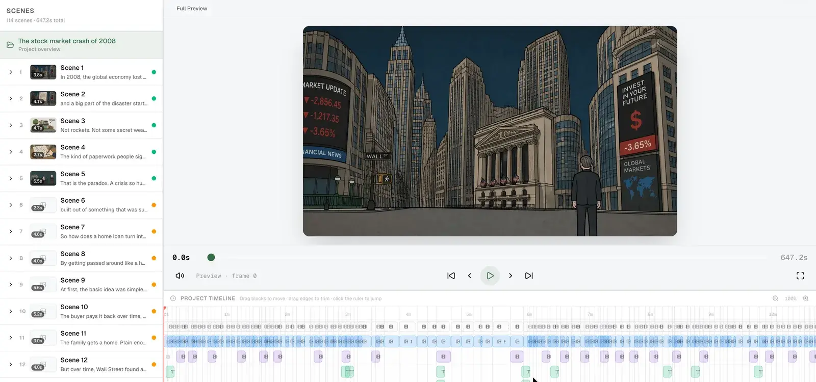 Editing timeline with the storyboard panels animated into finished shots