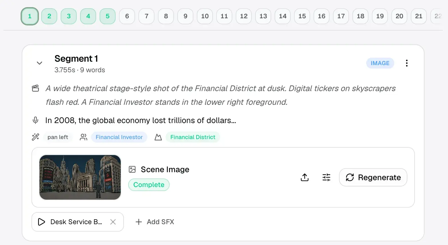 AI storyboard generator panel with narration, creative brief, transitions, and tagged environments and objects