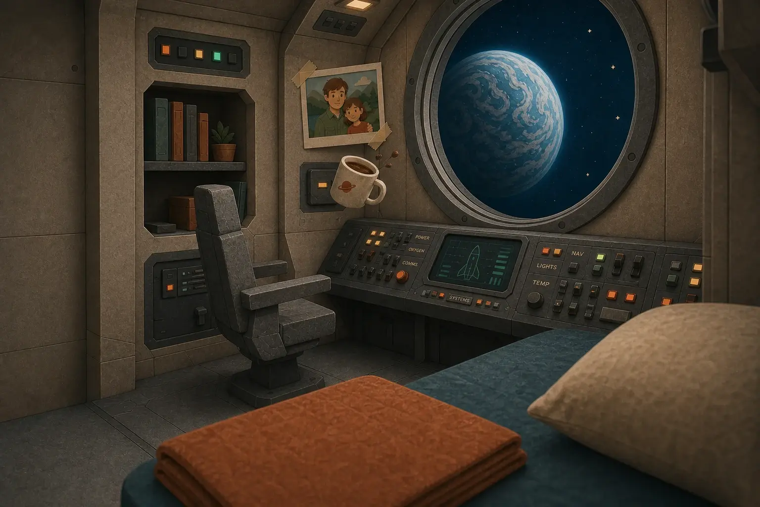 The same cabin from the bunk side, props unchanged