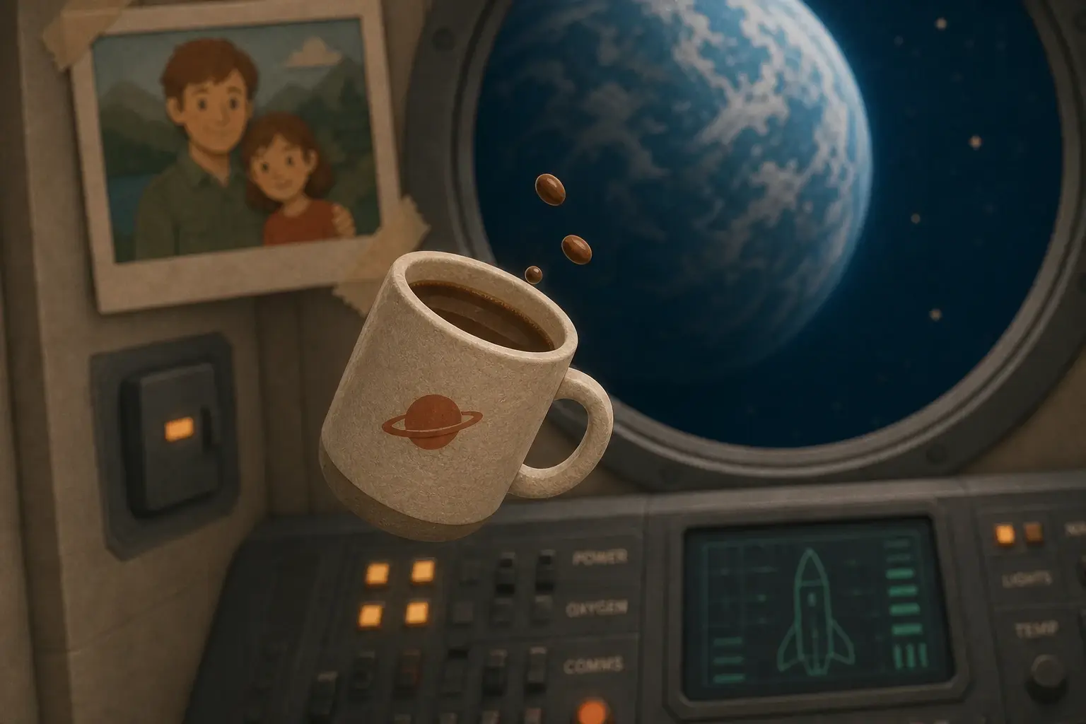 Close-up of the same Saturn mug and family photo in the cabin
