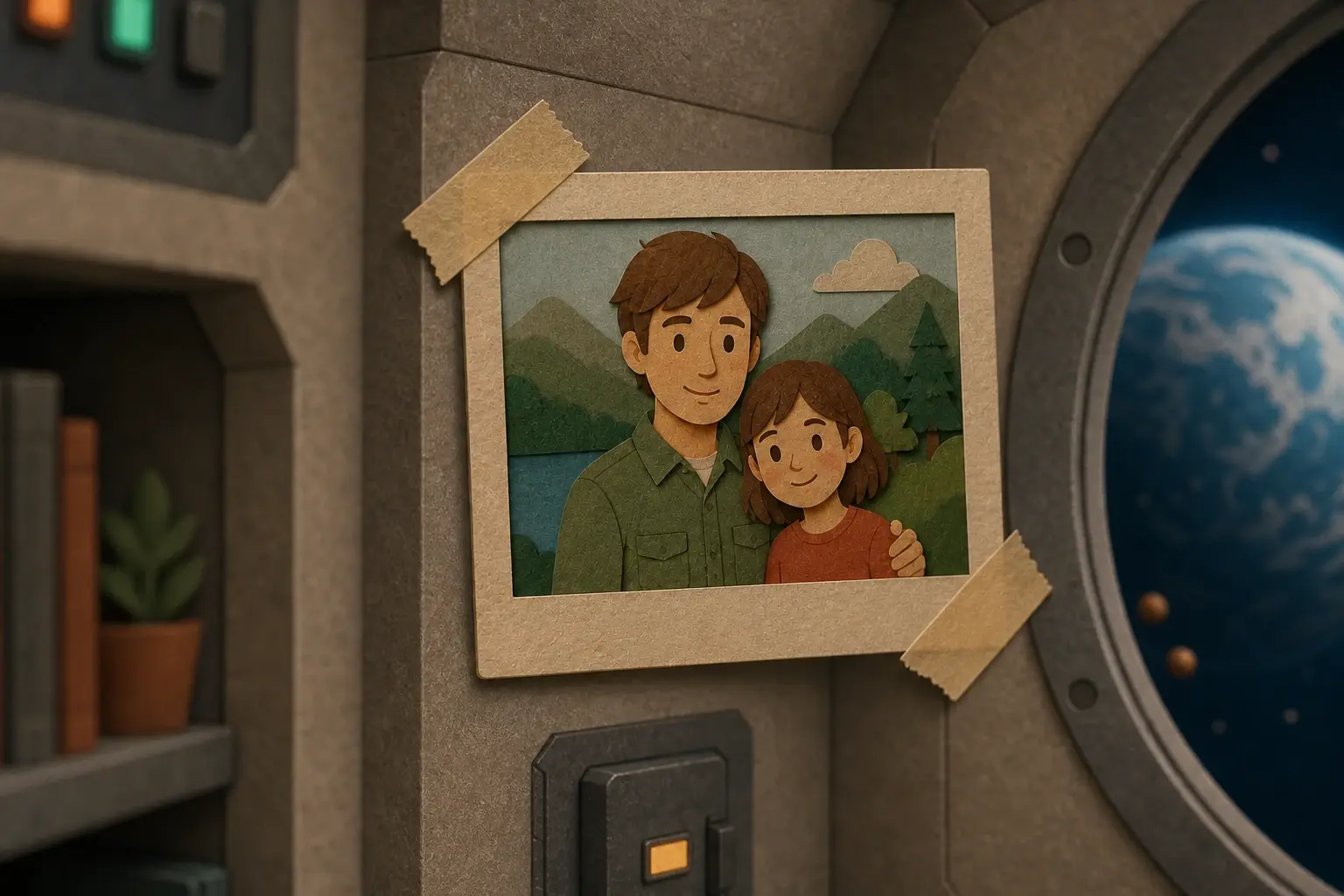 The same taped family photo — a prop that recurs across every shot