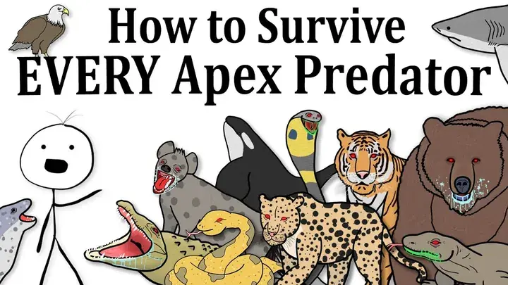 Animal explainer video thumbnail — ‘How to Survive Every Apex Predator’ with a tiger, bear and shark