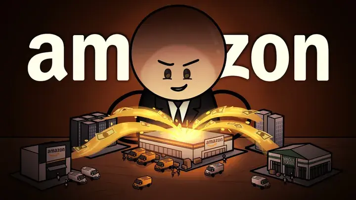Business explainer video thumbnail — how Amazon makes money, with cash flowing between warehouses