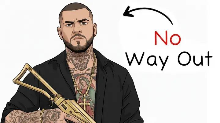 Crime story video thumbnail — an armed cartel figure with the caption ‘No Way Out’