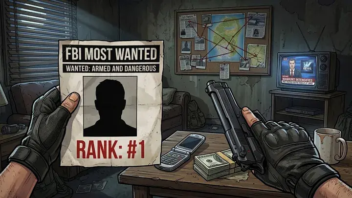 True-crime video thumbnail — an FBI Most Wanted poster in a fugitive’s hideout