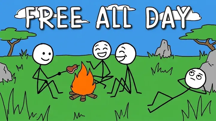 History documentary video thumbnail — early humans around a campfire with the caption ‘Free All Day’