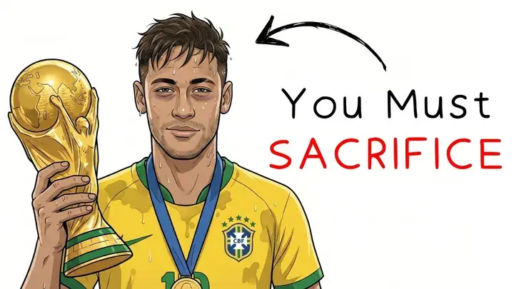 Sports motivation video thumbnail — a Brazilian footballer holding the World Cup with the caption ‘You Must Sacrifice’
