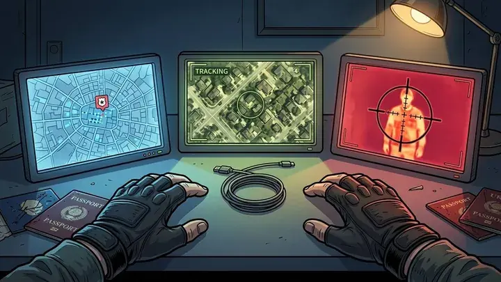 Spy thriller video thumbnail — surveillance monitors tracking a target on the run