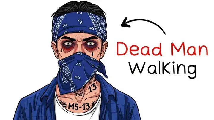 True-crime video thumbnail — a tattooed MS-13 gang member with the caption ‘Dead Man Walking’
