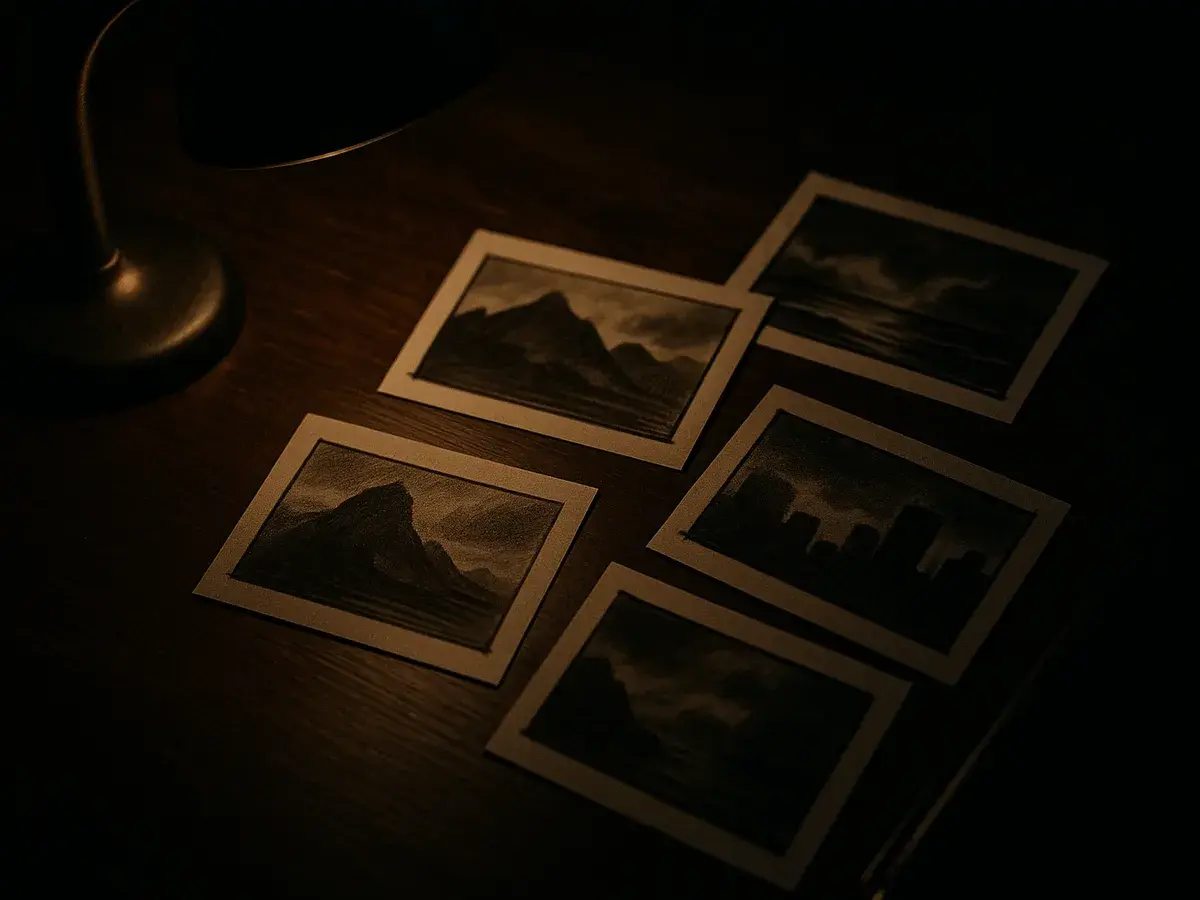Dark desk with printed storyboard cards for different faceless channel niches under a lamp