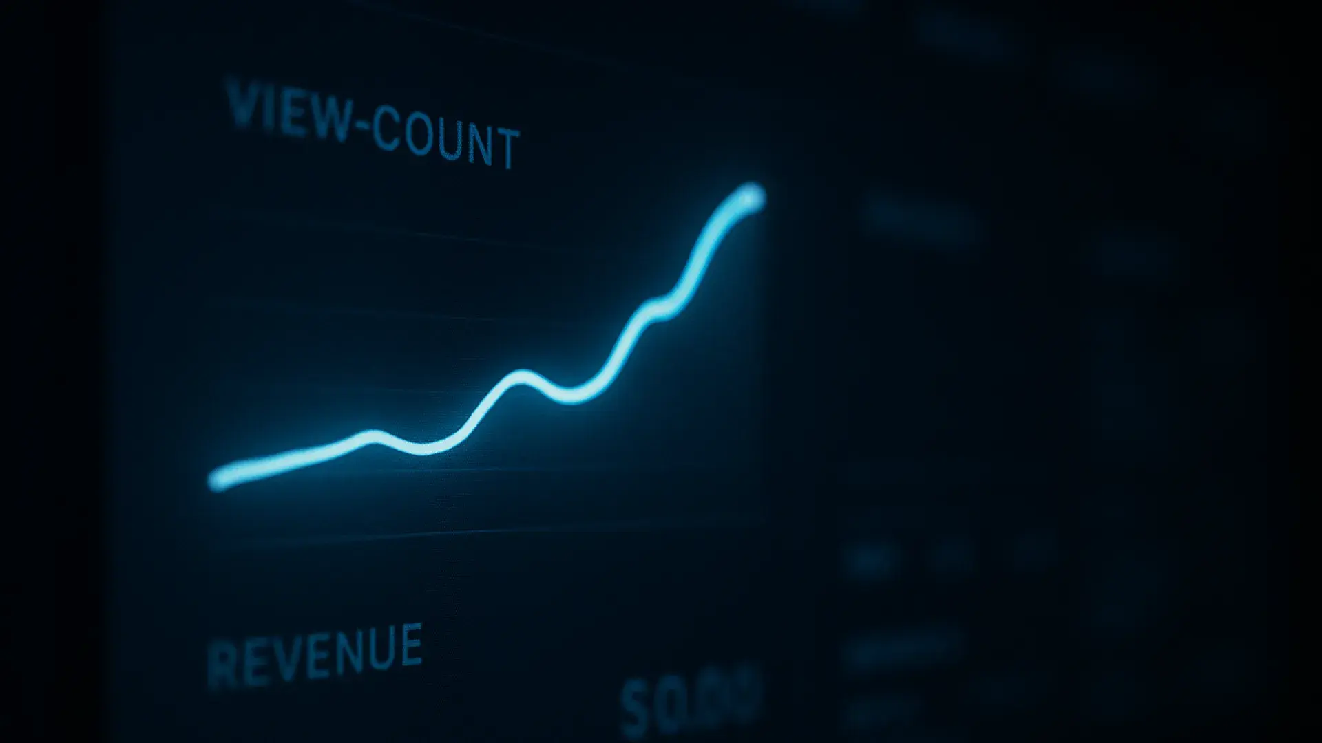 Dark analytics dashboard asking how much does YouTube pay per view: rising view-count line, small revenue counter