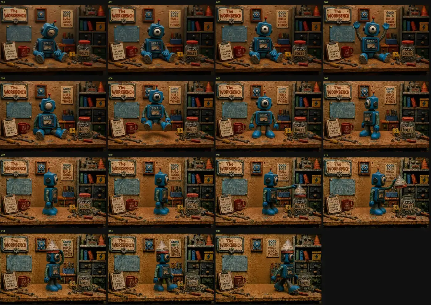 Contact sheet of 15 AI-generated stop motion frames showing a clay robot's pose changing while the workbench set stays locked