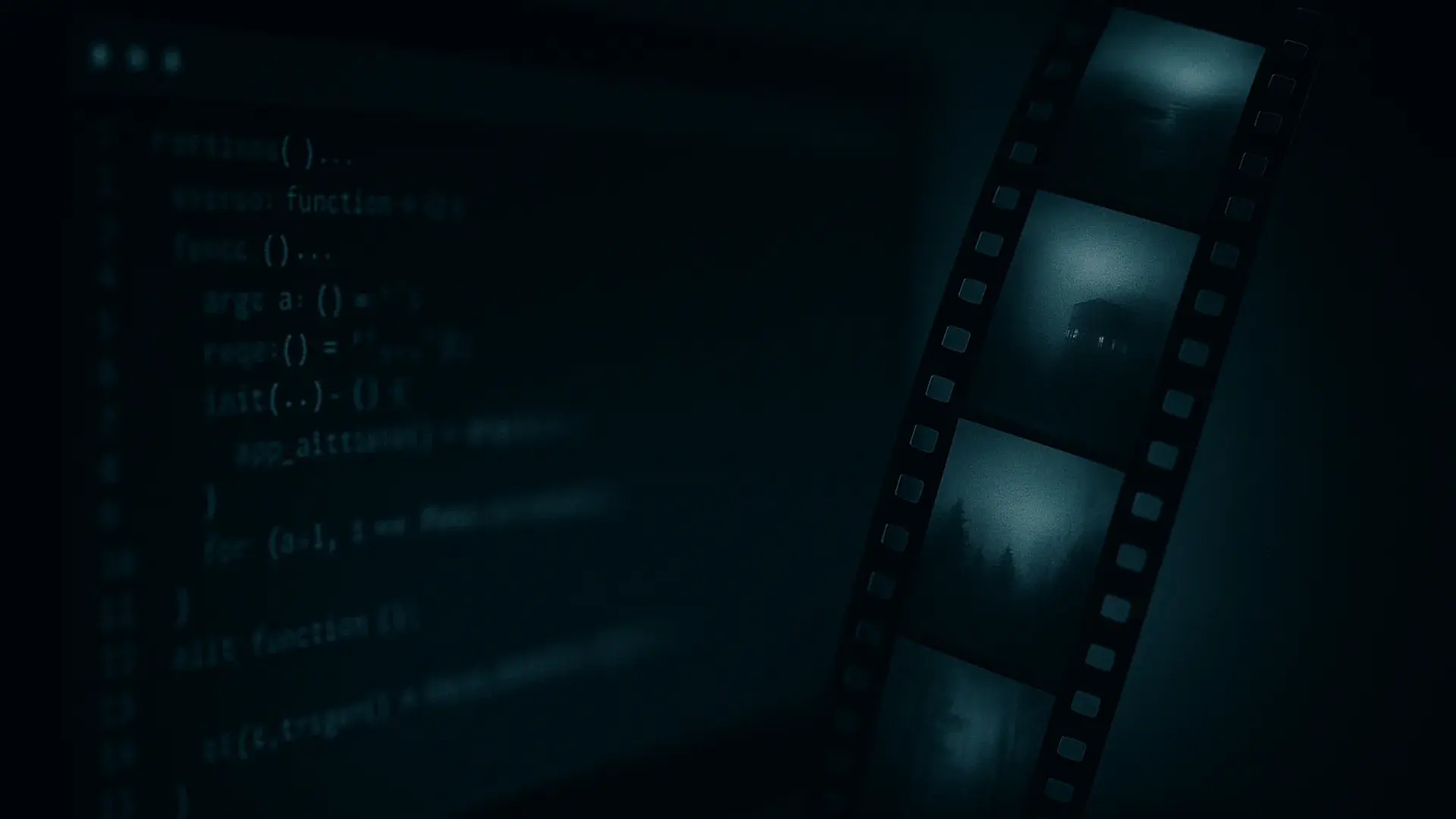 Code on a dark terminal producing a strip of cinematic film frames, illustrating a text to video API