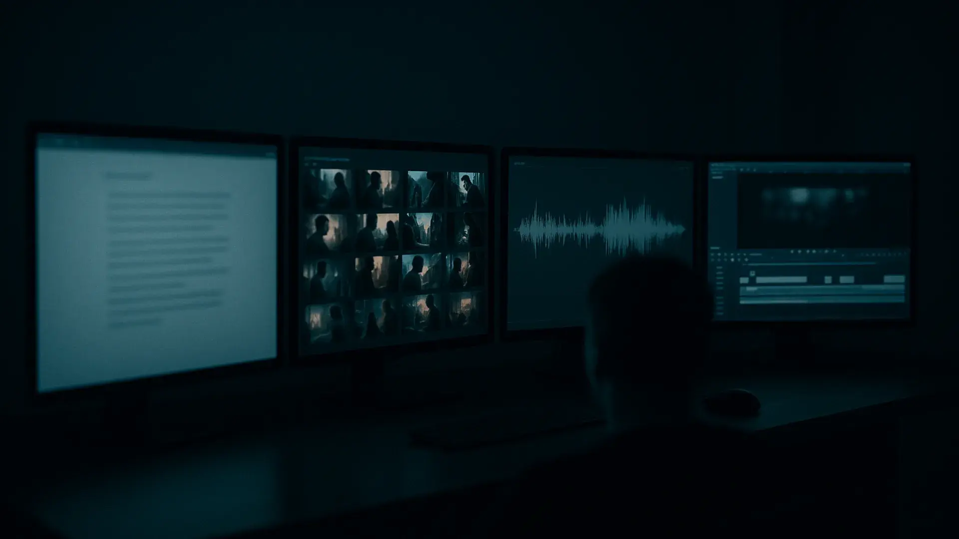 YouTube automation tools stack across four monitors, from script to generated frames to waveform to timeline