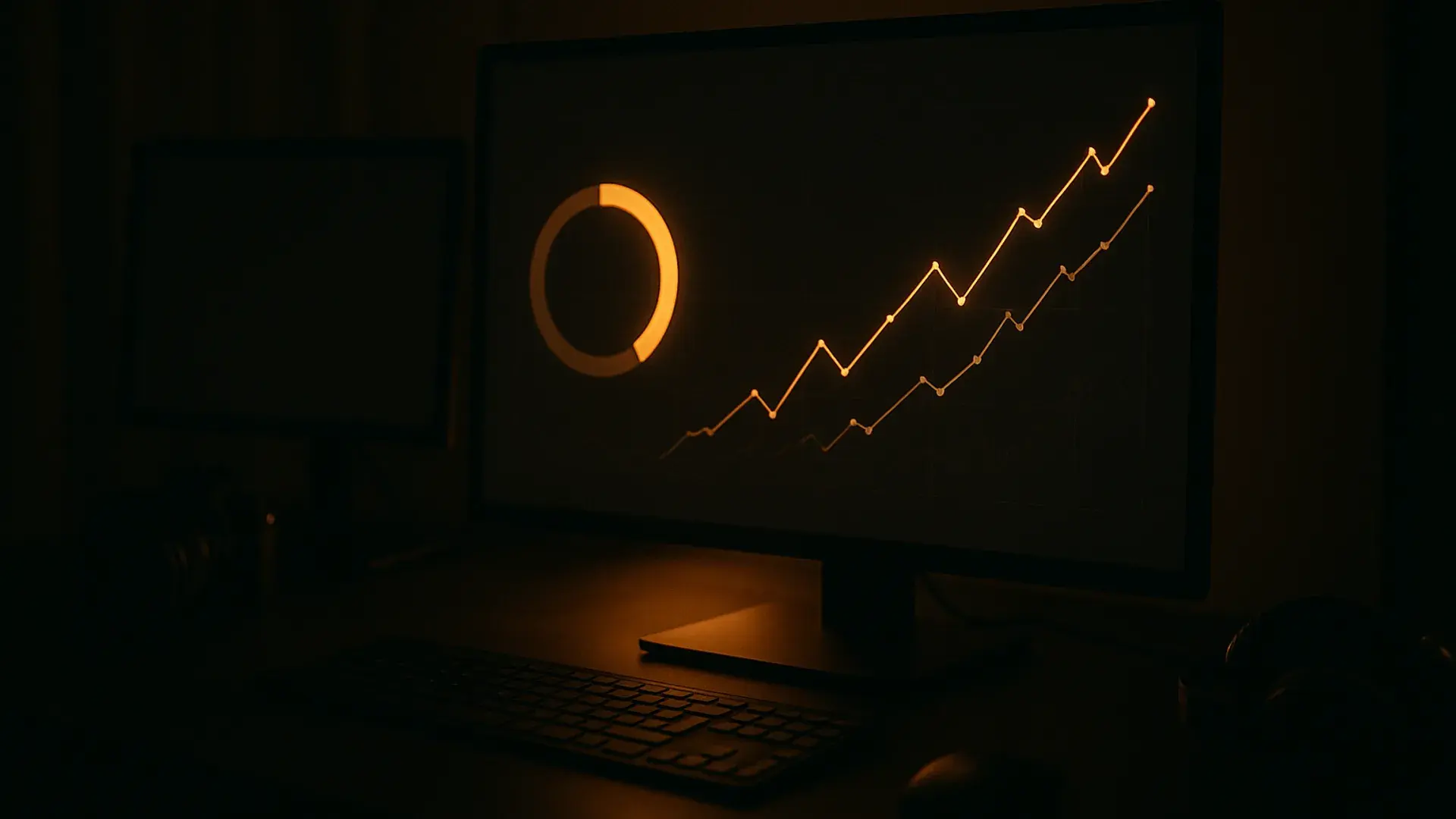 Analytics dashboard with a progress ring and rising graphs on a dark monitor, tracking YouTube monetization progress