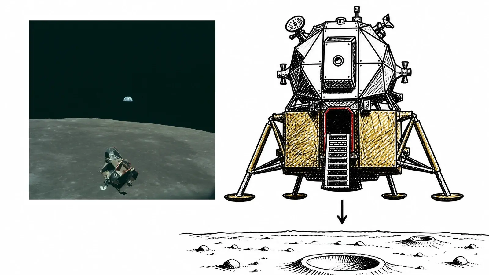 A real NASA photograph of the Apollo Lunar Module ascending above the Moon with Earth on the horizon, beside a hand-drawn marker sketch of the same craft