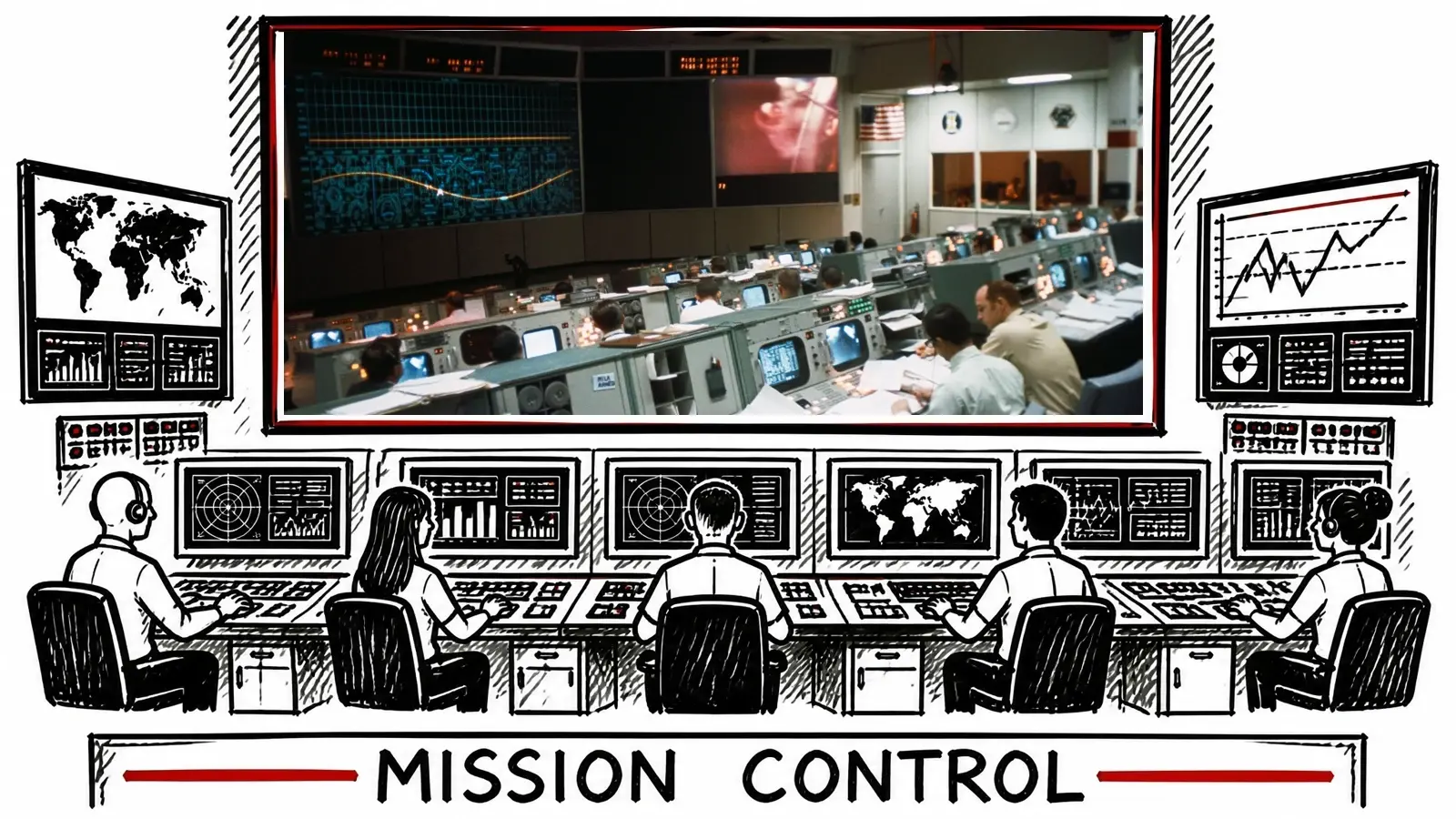 The same hand-drawn whiteboard mission-control frame with a real Apollo-era Mission Operations Control Room photograph filling the wall screen