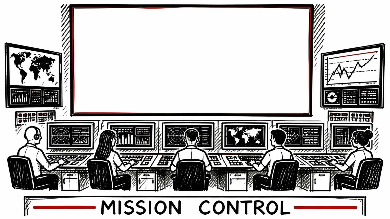 A hand-drawn whiteboard mission control room whose wall screen was deliberately left blank